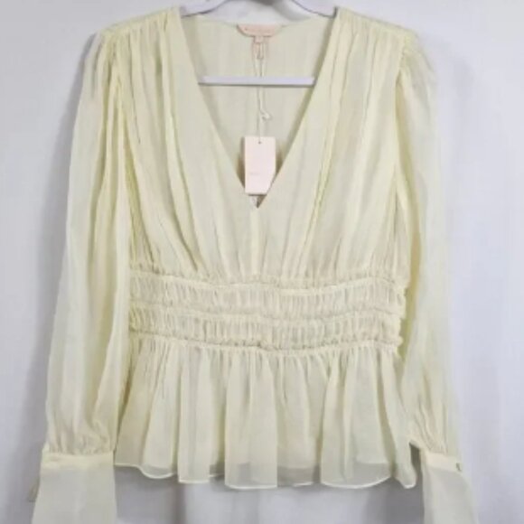 NWT Rebecca Taylor Silk Chiffon Long Sleeve Blouse in Lemonade - Size 4 - Picture 1 of 6